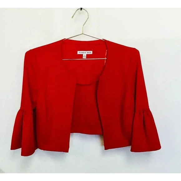 Robbie Bee Womens Red Flare Sleeve Lined Open Front Cropped Jacket Size Small - Picture 1 of 11